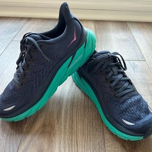 Hoka One One Clifton 8 Women's Running Shoes,  Size 6.5, Navy with Green Soles